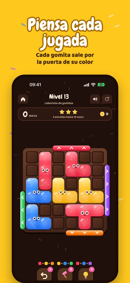 Tablero de chocolate con gomitas de colores y puertas de salida