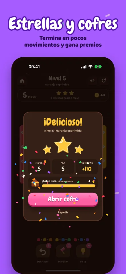 Pantalla de victoria con tres estrellas, monedas y un cofre
