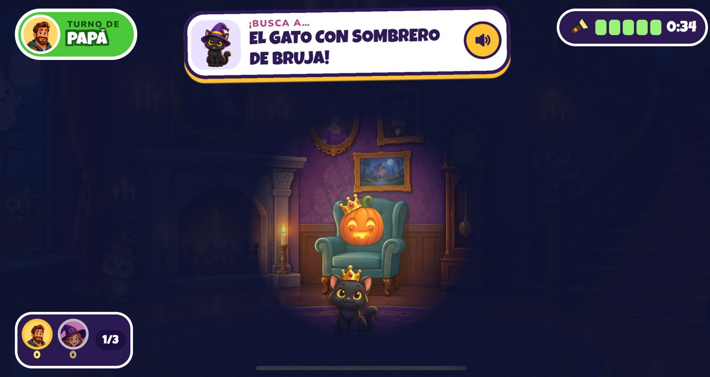 La gran sala a oscuras: la linterna ilumina un sillón con una calabaza y un gato con corona; arriba, la pista «Busca al gato con sombrero de bruja»