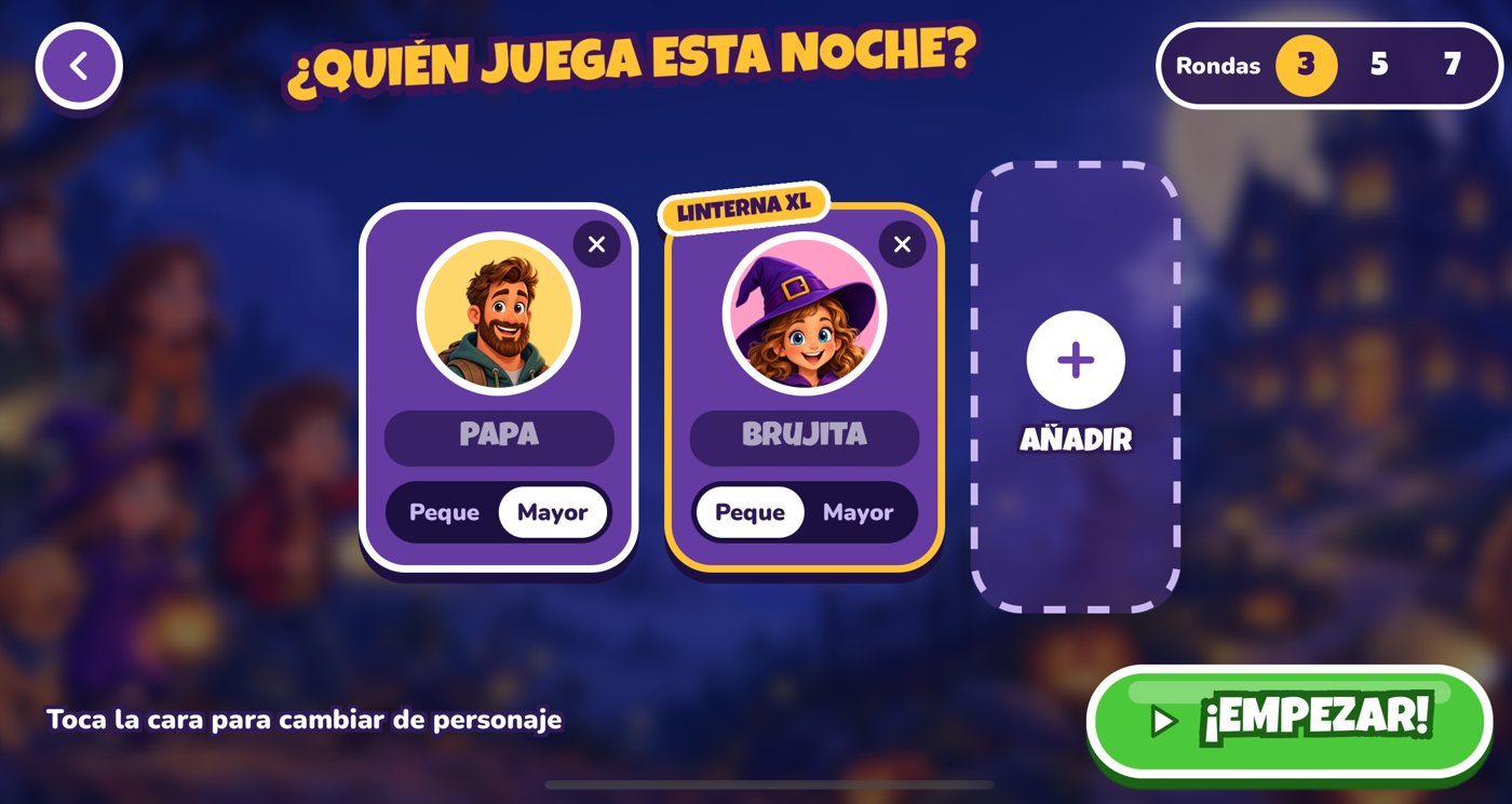 Pantalla para elegir quién juega: tarjetas de Papá y de la Brujita con el interruptor Peque o Mayor