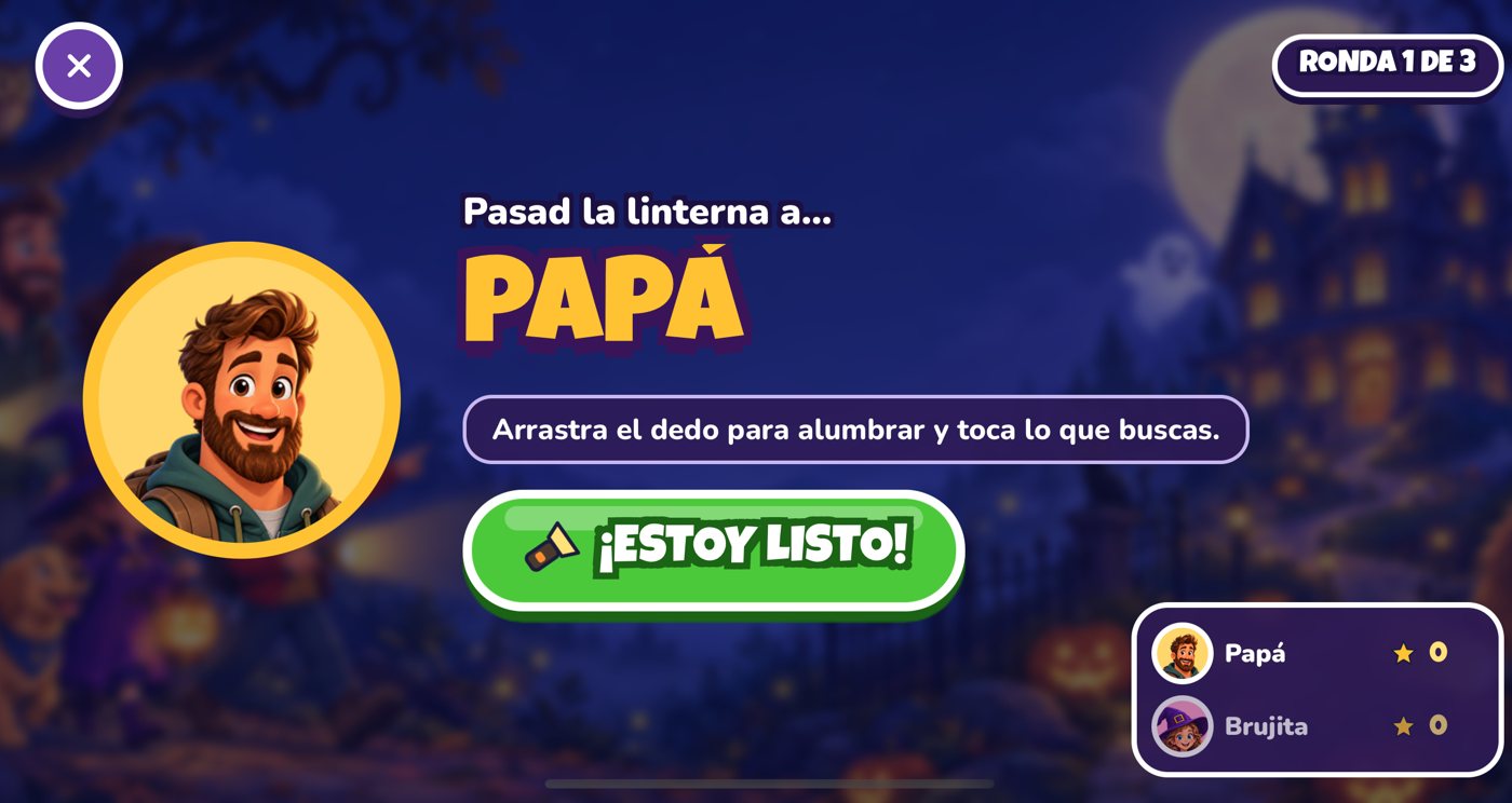 Pantalla «Pasad la linterna a Papá» con el marcador de la partida