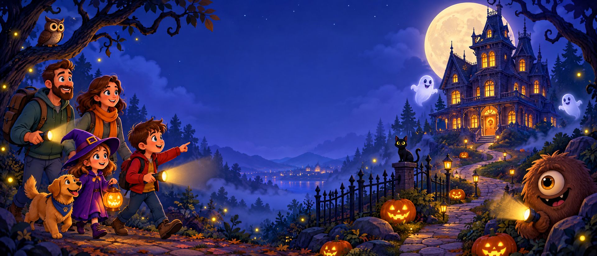 Una familia con linternas camina de noche hacia una mansión encantada bajo la luna llena, entre calabazas, fantasmas simpáticos y un monstruo peludo