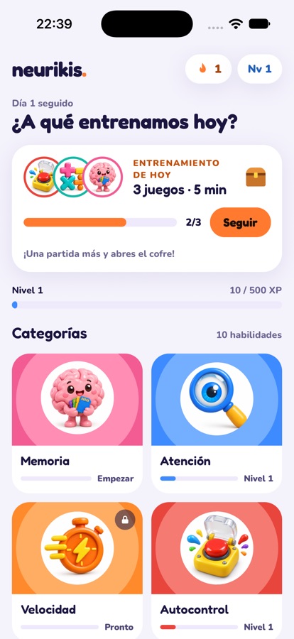 Pantalla de inicio de Neurikis con las categorías ilustradas