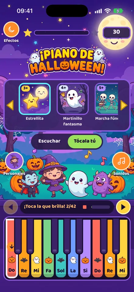 Modo Tócala tú con la tecla Do iluminada y una flecha encima
