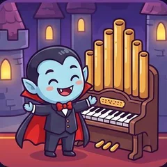 Un vampiro niño tocando un órgano en un castillo
