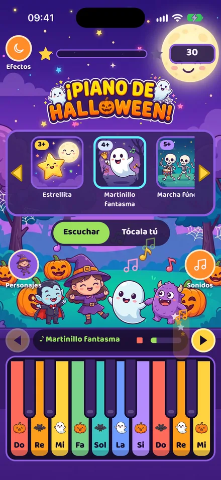 Una canción sonando con las notas flotando sobre los personajes