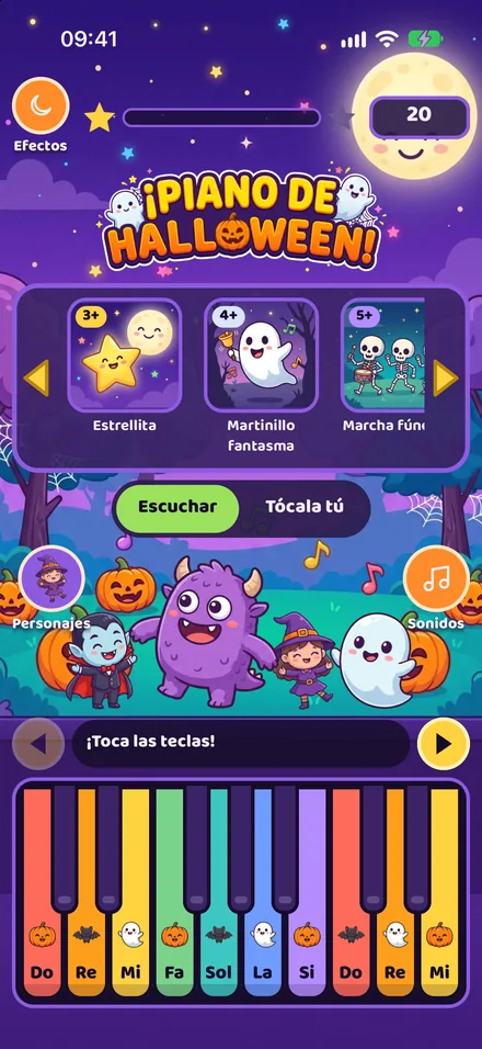 Pantalla principal de Piano Mágico: canciones arriba, los personajes bailando y el teclado de colores con calabazas, murciélagos y fantasmas