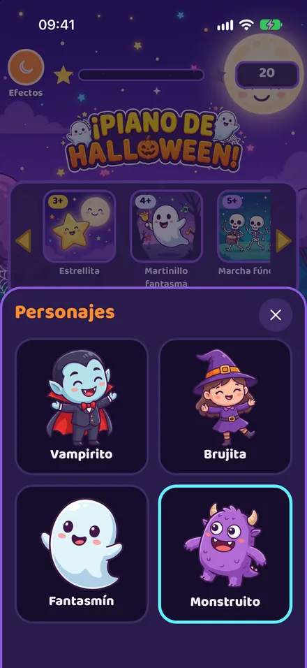 Panel para elegir personaje: vampirito, brujita, fantasmín y monstruito