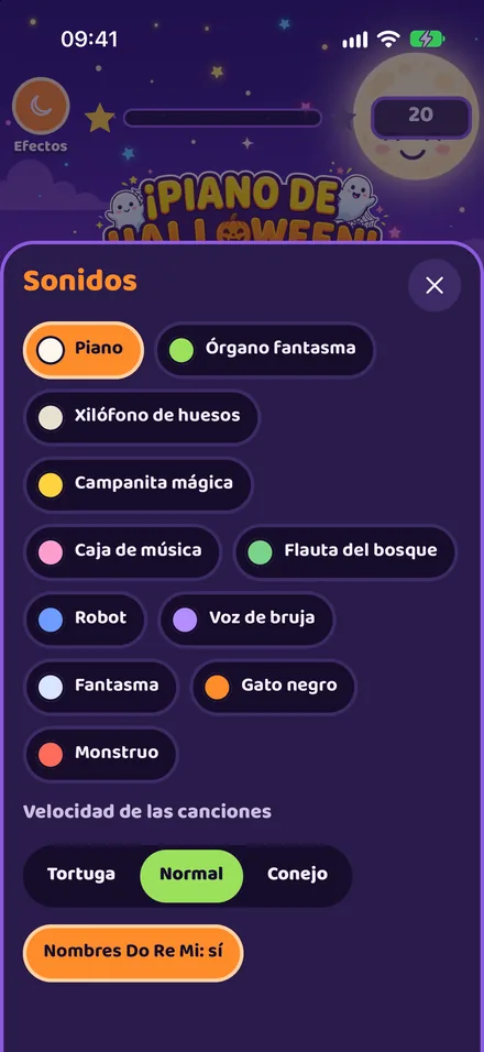Panel de sonidos con los 11 instrumentos